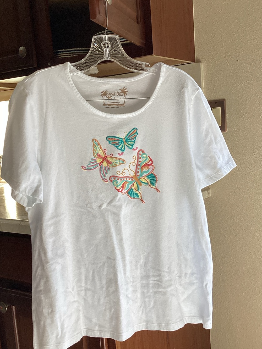 Coral Bay White Short Sleeve Tee with Multicolor Butterfly Embroidery